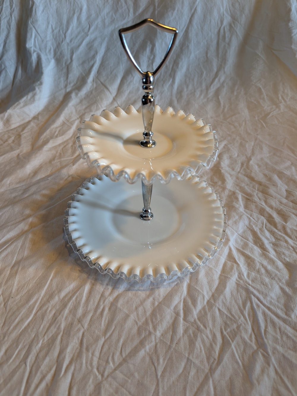 2/80$ Vintage FENTON ? White and Silver Two-Tier Ruffled Glass Serving Stand